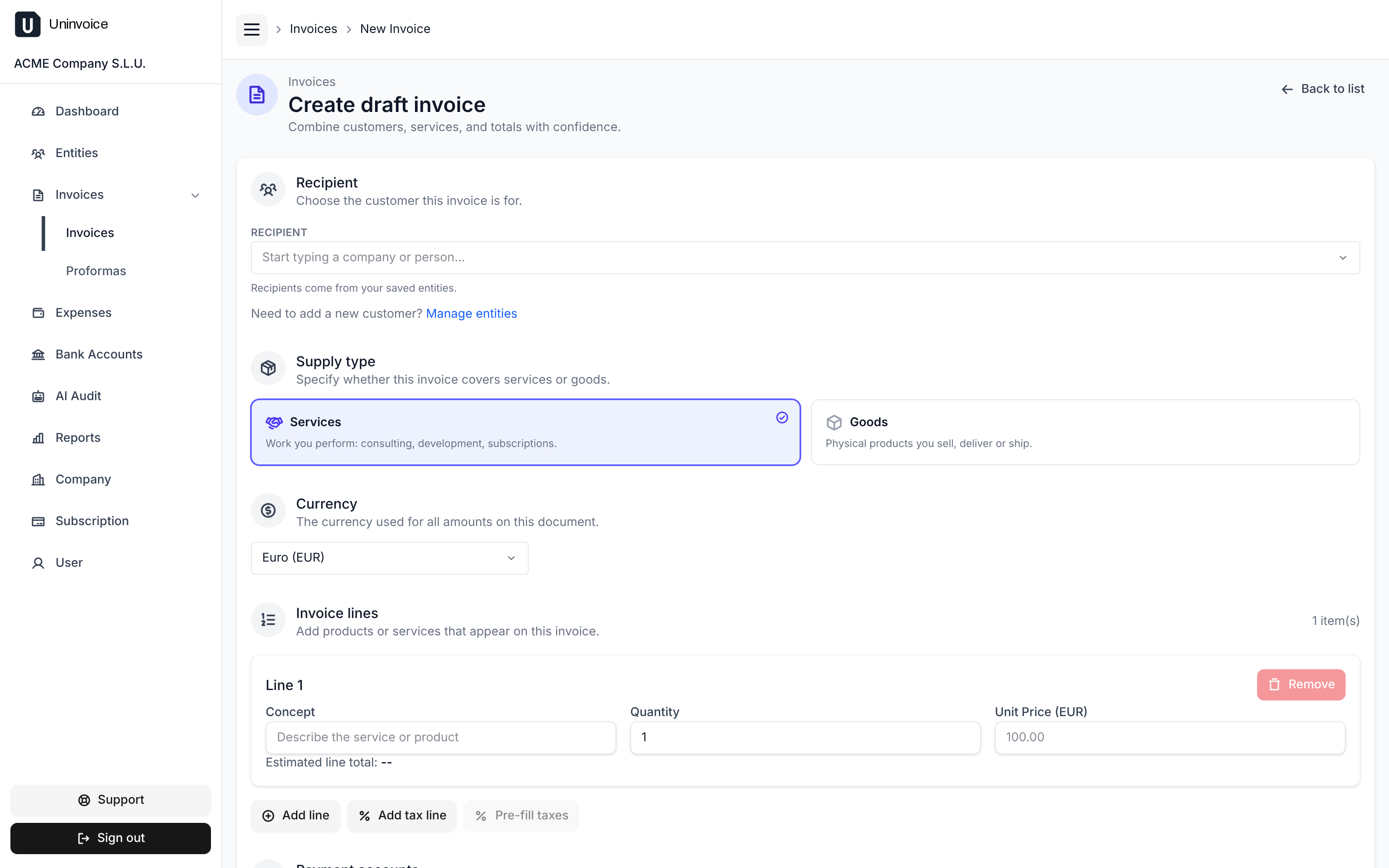 The invoice creation form, with the recipient picker, supply type, currency, a line item with concept, quantity and unit price, and the bank accounts to print as payment instructions.