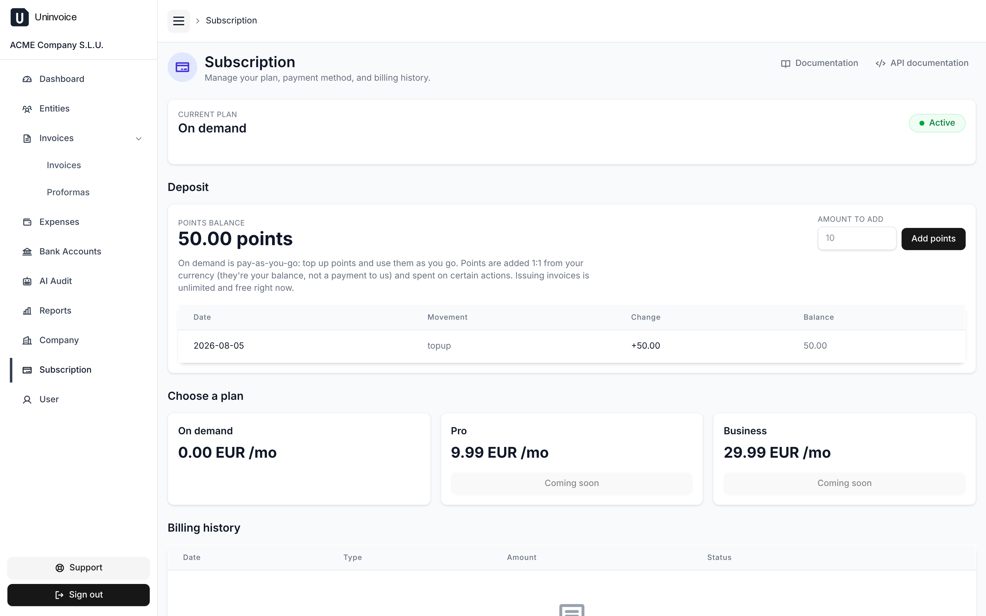 The subscription page: the current plan marked active, the points balance with its movement history, and the three available plans.
